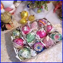 Box 12 Vtg Glass Xmas Ornaments Shiny Brite Indent Pine Cone Mica Poland Germany
