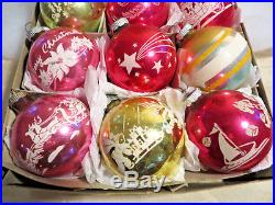Box 12 Vtg Pink Shiny Brite Stencil Mica Glass Xmas Ornaments Santa Sleigh Merry