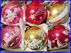 Box 12 Vtg Pink Shiny Brite Stencil Mica Glass Xmas Ornaments Santa Sleigh Merry