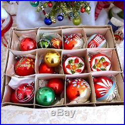 Box 18 Poland Germany Vtg Colorful Indent Glass Xmas Ornament Painted Reflector