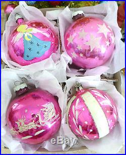 Box 4 Vtg Jumbo Glass Xmas Ornaments Shiny Brite Santa Reindeer Stencil Angel