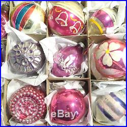 Box Vtg 12 Pretty Purp Pink Mica Shiny Brite Glass Xmas Ornament Indent Teardrop