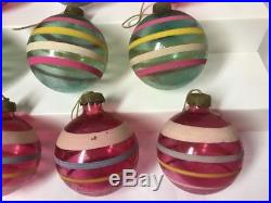 Box Vtg WW2 Unsilvered 12 Glass Christmas Ornaments Paper Cap CORNING USA Stripe