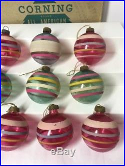 Box Vtg WW2 Unsilvered 12 Glass Christmas Ornaments Paper Cap CORNING USA Stripe