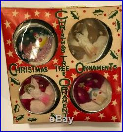 Box of 4 Glass Diorama Indent Scene Xmas Ornaments Santa Reindeer Angels Church