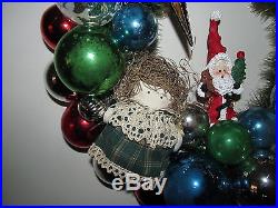 Christmas Ornament Wreath 17 Vintage Shiny Brite Santas Handmade Red Green Blue