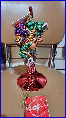 Christopher Radko FLORIDA state Christmas Ornament Gator sun red hat w stand