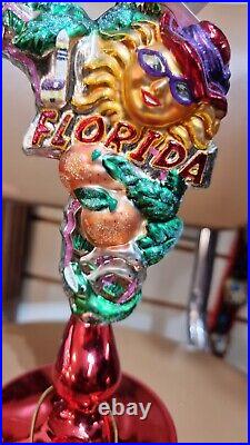 Christopher Radko FLORIDA state Christmas Ornament Gator sun red hat w stand