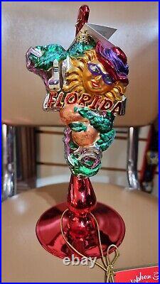 Christopher Radko FLORIDA state Christmas Ornament Gator sun red hat w stand