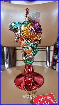 Christopher Radko FLORIDA state Christmas Ornament Gator sun red hat w stand