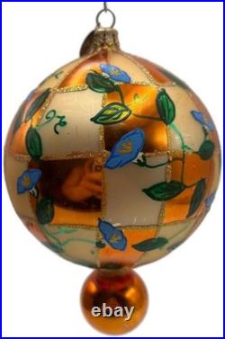 Christopher Radko Heavenly Blue Morning Glory Orange Glass Christmas Ornament