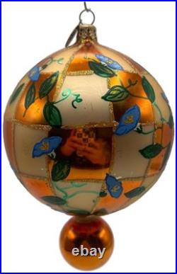 Christopher Radko Heavenly Blue Morning Glory Orange Glass Christmas Ornament