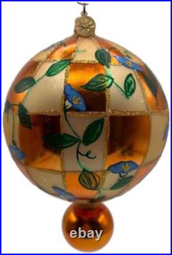 Christopher Radko Heavenly Blue Morning Glory Orange Glass Christmas Ornament