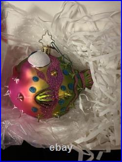 Christopher Radko Puffed And Prickly Puffer Fish Christmas Ornament HOT PINK