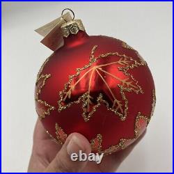 Christopher Radko RAINBOW RED SCARLETT Maple Leaf Glass Ball Christmas Ornament