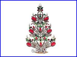 Czech handmade standing glass rhinestone Christmas tree ornament red green