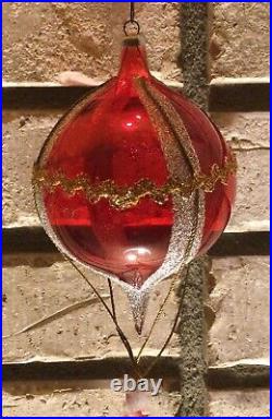 DE CARLINI SANTA HOT AIR BALLOON Blown Glass Christmas Ornament Italy RED/GOLD