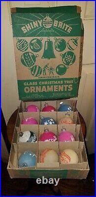 EARLY SHINY BRITE glass OPAQUE MATTE UNSILVERED STENCIL WAR CHRISTMAS ORNAMENTS