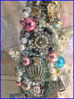 Fabulous 14 Aqua Bottlebrush Xmas Tree Rhinestone Jewelry & Vtg Glass Ornaments