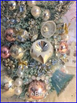 Fabulous 14 Aqua Bottlebrush Xmas Tree Rhinestone Jewelry & Vtg Glass Ornaments