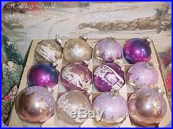 Fabulous Purple cHiC Shiny Brite Stencil Scene Glass Antique Vtg Xmas Ornaments