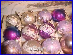 Fabulous Purple cHiC Shiny Brite Stencil Scene Glass Antique Vtg Xmas Ornaments