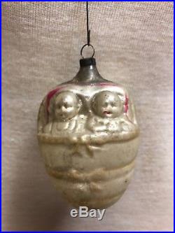 Figural antique glass Christmas ornament TWINS, 2 BABIES, BASKET, BOW, BUNTING