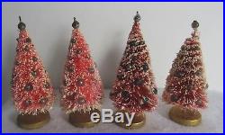 Four Vintage 1950's Pink Bottle Brush Xmas Trees With Mercury Glass Ornaments