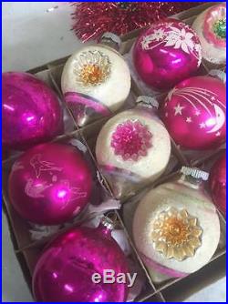 Frosty Vtg Pink Glass Indents Xmas Ornaments Teardrops Beautiful Poland SBrites