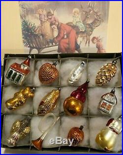 German Antique Figural Blown Glass Feather Tree Xmas Ornaments 1930s Box of 12