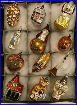 German Antique Figural Blown Glass Feather Tree Xmas Ornaments 1930s Box of 12