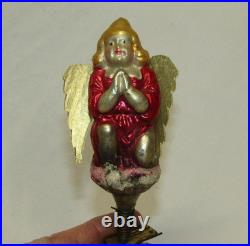 German Antique Red Glass Kneeling Angel Dresden Wings Christmas Ornament 1900's