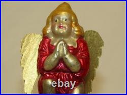 German Antique Red Glass Kneeling Angel Dresden Wings Christmas Ornament 1900's