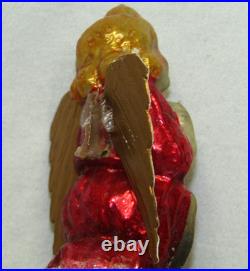 German Antique Red Glass Kneeling Angel Dresden Wings Christmas Ornament 1900's