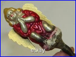 German Antique Red Glass Kneeling Angel Dresden Wings Christmas Ornament 1900's