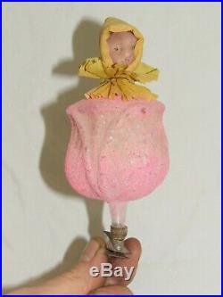 German Antique Wax Girl Tulip Clip On Figural Glass Christmas Ornament 1900's