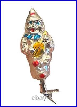 German Mercury Glass Hand Blown Painted Christmas Ornament Clown Clip On Rare