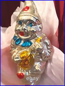 German Mercury Glass Hand Blown Painted Christmas Ornament Clown Clip On Rare