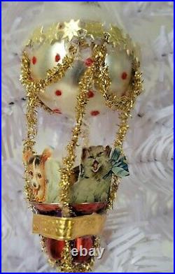 Glass Christmas Ornament Hot Air Balloon Die Cut Dog Cat Scrap VTG Antique Style