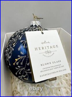 Hallmark Keepsake Heritage Blue Floral Ball Glass Blown Ornament 2016