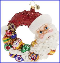 Hand-Crafted European Glass Christmas Ornament, Santa Comes Full Circle Wreath
