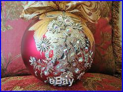 Hand Painted Christmas Glass Ornament. 6. Swarovski Elements. Silver and Red