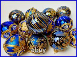 Handmade Blue Gold Christmas Ornaments Set of 10 Luxury Glass Baubles