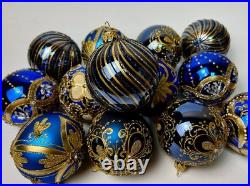 Handmade Blue Gold Christmas Ornaments Set of 10 Luxury Glass Baubles