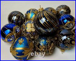 Handmade Blue Gold Christmas Ornaments Set of 10 Luxury Glass Baubles