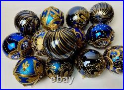 Handmade Blue Gold Christmas Ornaments Set of 10 Luxury Glass Baubles
