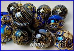 Handmade Blue Gold Christmas Ornaments Set of 10 Luxury Glass Baubles