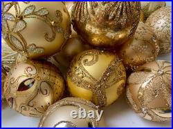 Handmade Glass Christmas Ornaments Set of 10 Gold Holiday Tree Balls