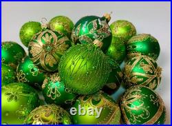 Handmade Glass Christmas Ornaments Set of 10 Green Gold Holiday Decor