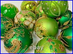 Handmade Glass Christmas Ornaments Set of 20 Green Gold Holiday Decor